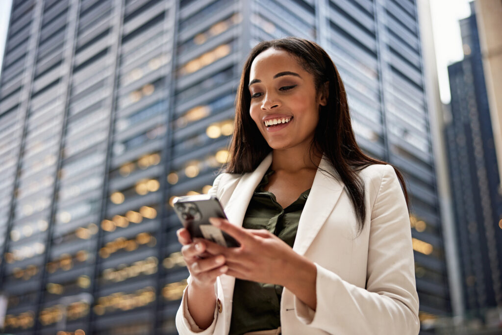 Happy client getting on with her day.